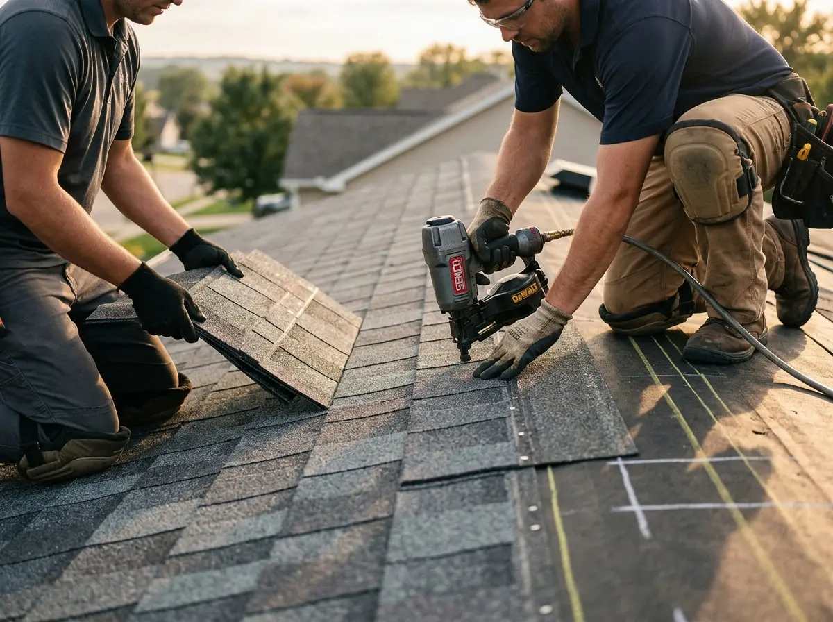 Professional roofer working on a residential roof in Rolling Meadows
